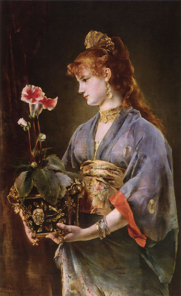 4o Alfred Stevens 1823-1906 (Belgian Painter, 1823-1906) Woman with Flower Pot